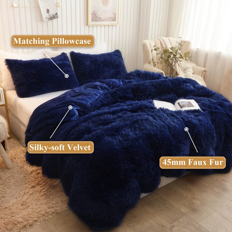 XeGe Plush Shaggy Duvet Cover Set, Luxury Ultra Soft Crystal Velvet Fluffy Bedding Sets 3 Pieces(1 Furry Faux Fur Comforter Cover + 2 Fuzzy Faux Fur Pillowcases), Zipper Closure(Queen, Navy Blue) - Image 2